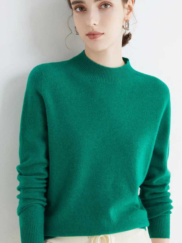 First-Line Seamless Women's Half-Turtleneck 100% Pure Wool Sweater Solid Color Long Sleeve Pullover Knitted Bottoming Sweater