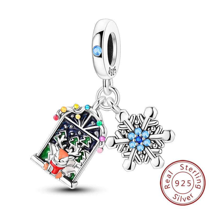 Original 925 Sterling Silver Charms Beads Winter Snowflake Snowman Igloo Penguin Pendant Fit Bracelet Charms Women Jewelry Gift