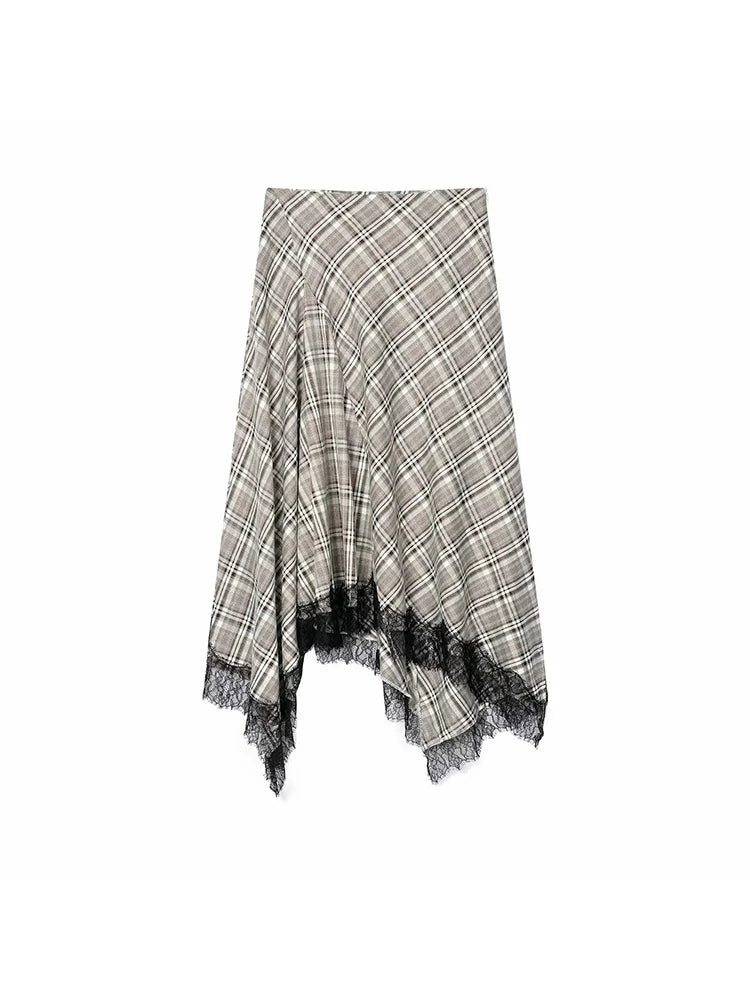Women Vintage Chic Midi Skirt Elegant Women Plaid Lace Long Skirt New Summer  Commute Dinner Party Lady Skirt
