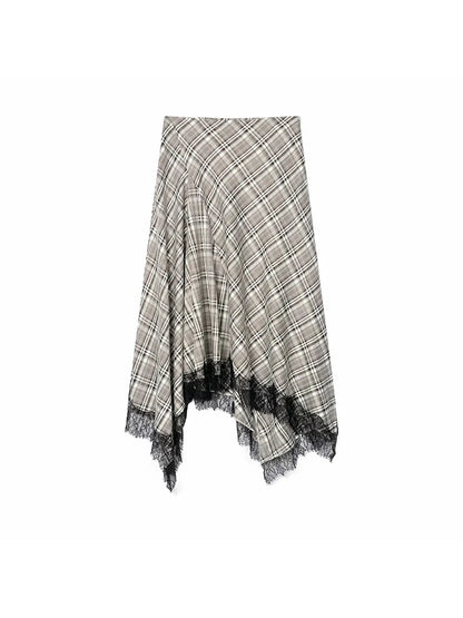 Women Vintage Chic Midi Skirt Elegant Women Plaid Lace Long Skirt New Summer  Commute Dinner Party Lady Skirt