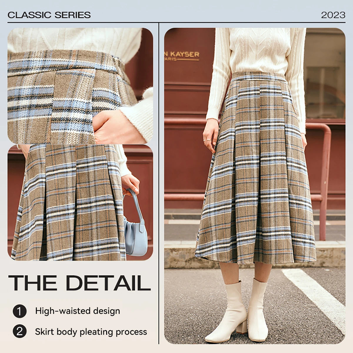 OLrain Women's Plaid Pleated Skirts Autumn 2026 French Style A-line Vintage Spliced Wool Blend High-waist Midi Skirt O23DB89110