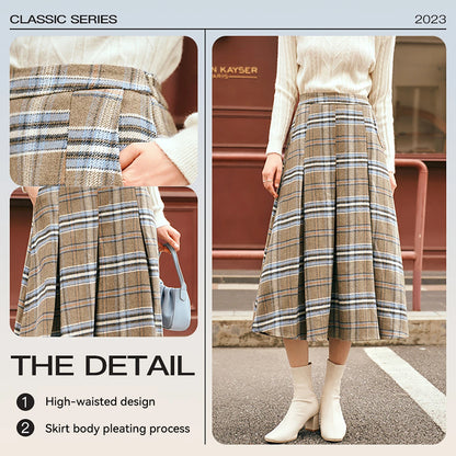 OLrain Women's Plaid Pleated Skirts Autumn 2026 French Style A-line Vintage Spliced Wool Blend High-waist Midi Skirt O23DB89110