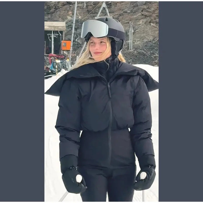 Fashion Hooded Women's Skiwear Jumpsuits Stand Collar Zipper Long Sleeve High Waist Cotton Jumpsuit 2026 Winter Warm Romper