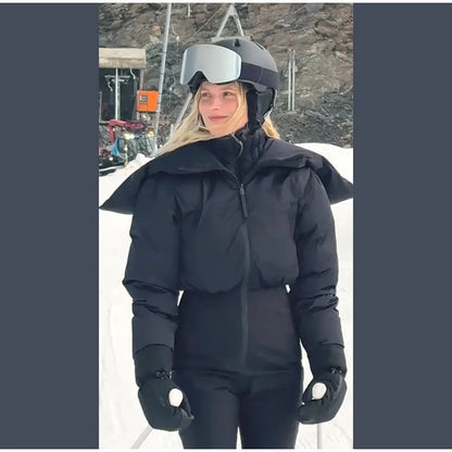 Fashion Hooded Women's Skiwear Jumpsuits Stand Collar Zipper Long Sleeve High Waist Cotton Jumpsuit 2026 Winter Warm Romper