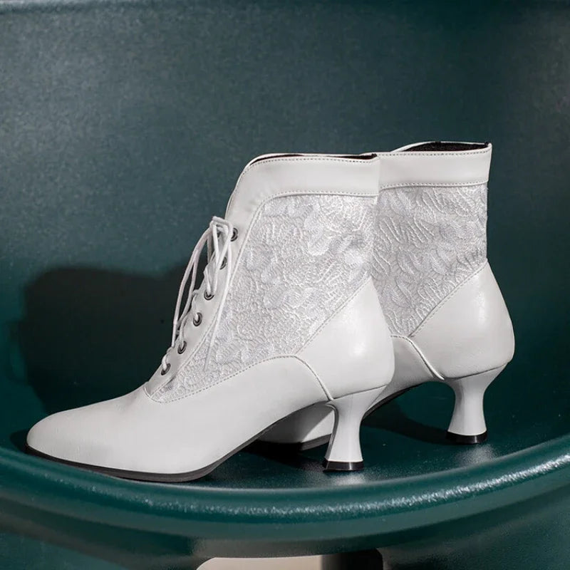 Women Victorian Ankle Boots Leather Lace Heel Shoes for women Fashion Lace Up Spliced Ladies High Heels Woman Boots Ankle 46