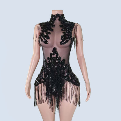 Black Sequins Fringes Leotard Mesh See through Party Bodysuit Women Sparkle Rhinestones Nightclub Prom Gogo Dance Stage Outfits