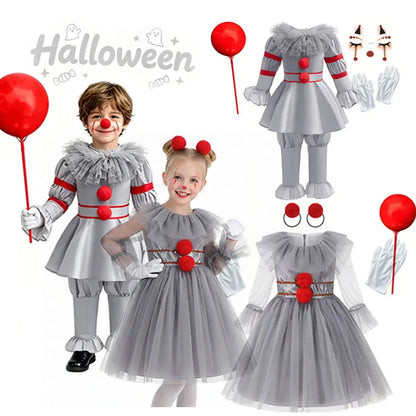 Scary Grey Joker Clown Costume for Kids Horrible Cosplay Dress Set 2026 Halloween Carnival Party Outfit Boys Girls