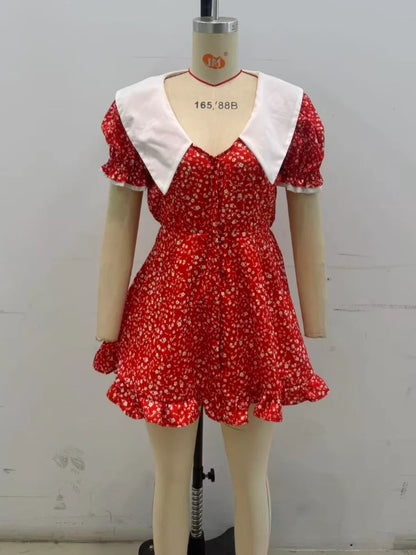 Red Floral Print Peter Pan Collar Dress Women Puff Sleeve V-neck High Waist A-line Mini Dresses Lady Evening Dinner Vestido 2026