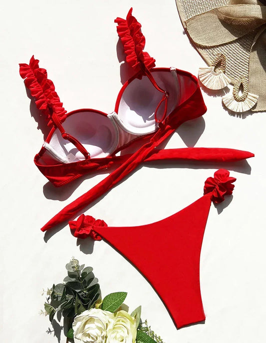 Push Up Bikini Set Women 2026 Swimsuit Sexy Bow Biquini Lace Up Summer Bathing Suit Lady Two Pieces Swimwear Woman Beachwear L