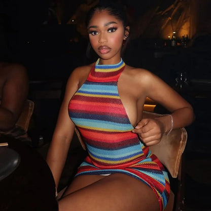 Cryptographic Striped Knit Halter Mini Dress Colorful Contrast Sleeveless Backless Summer Casual Clubwear Bodycon Short Dresses