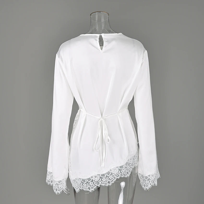 Linad Elegant White Lace Flare Sleeve Woman Blouse 2026 Vintage Satin Asymmetrical Shirts Female Casual O Neck Pullover Tops