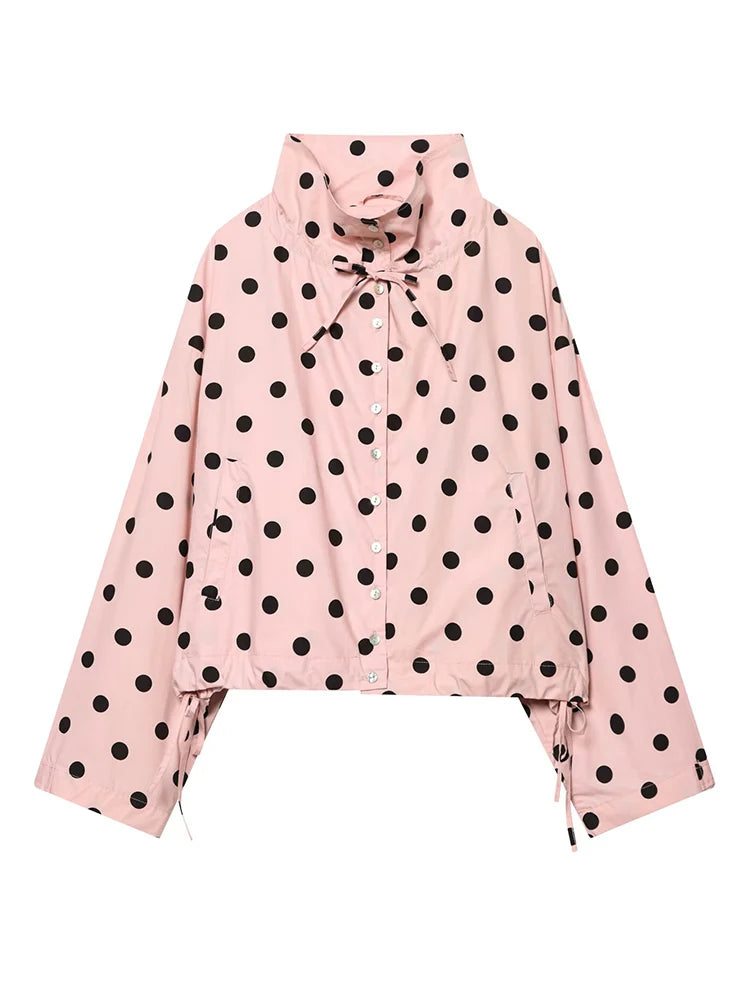 HH Woman Long Sleeve Pink Polka Dot Jacket Fashion Single Breasted High Collar Short Coat Women Spring Casual High Street Jacket