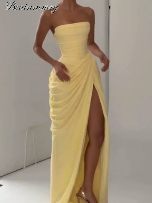 Sexy Women Solid Pleated Strapless Chic Dress Lady V-neck Off-shoulder Backless High Waist Split Vestido 2026 Evening Party Gown