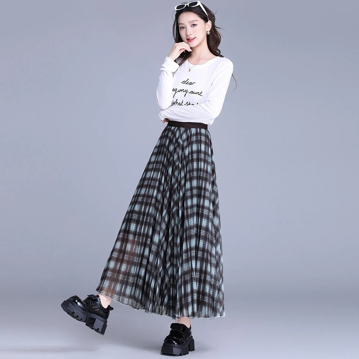 LOUISYAO Contrast Color Plaid Long Skirt Women 2025 Autumn High Waisted Elastic Waist A Line Midi Skirt Casual Bottoms