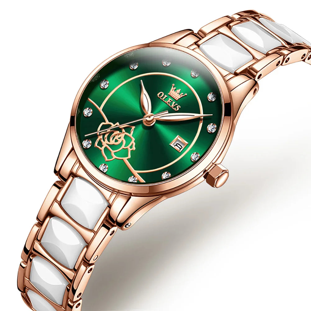 OLEVS Ladies Watch Ceramic Strap Elegant Fashion Luxury Waterproof Luminous Quartz Watch For Women Valentine's Day Present 3606