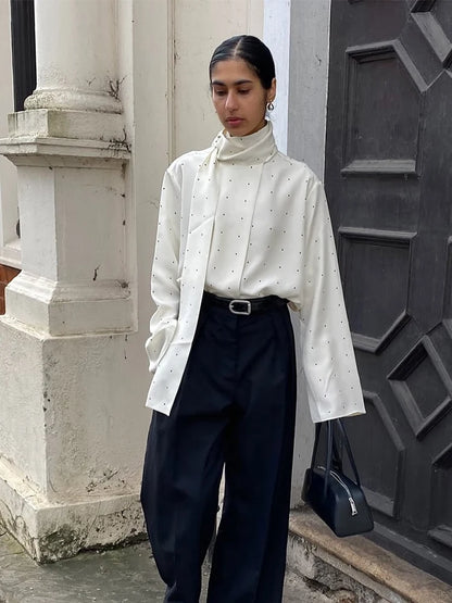 Elegant Women's Polka Dot Scarf Neck Blouses Long Sleeve Loose Shirts 2026 New Casual Commute Office Lady Tops White Black Brown