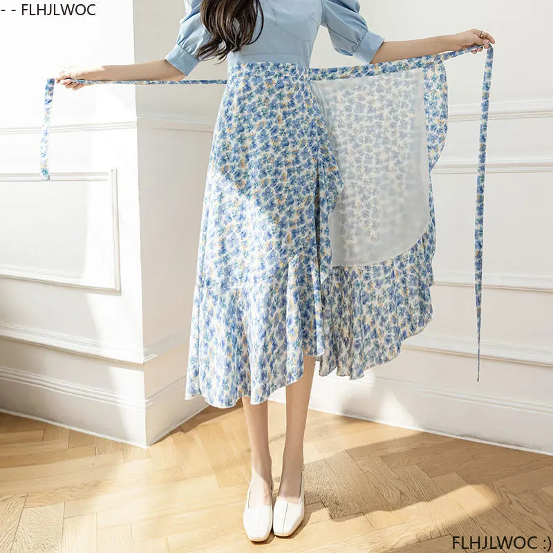 2025 Chic Korea Clothes Summer Women Cute Sweet GIrl Floral Robe Holiday Date High Waist Retro Vintage One-Piece Lace-Up Skirts