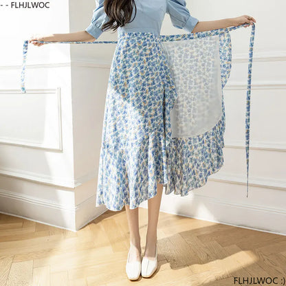 2025 Chic Korea Clothes Summer Women Cute Sweet GIrl Floral Robe Holiday Date High Waist Retro Vintage One-Piece Lace-Up Skirts