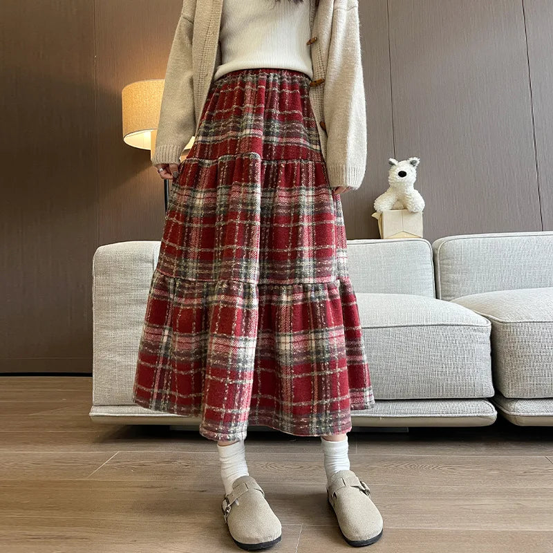Sweet Vintage High Waist A- Line Plaid Woolen Skirt Women Autumn Winter Midi Length Skirt Woman Comfortable Casual Style