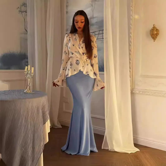 Women 2 Piece Set Muslim Blouse Skirt Flower Print Top Morocco Dubai Islam Outfits 2025 Arabic Elegant Ensemble Long Skirts Suit