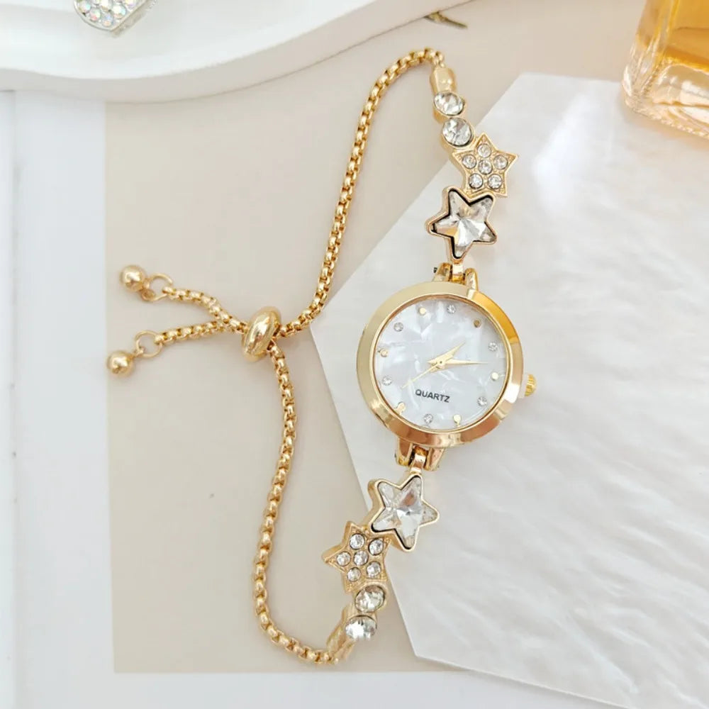 Fashion Adjustable Bracelet Watch Rhinestone Alloy Quartz Watch Star Chain Watch for Women Girls