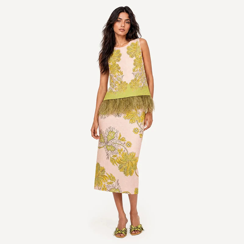 Fashion Printed Feather‑Trim Sleeveless Top Midi Skirt Straight‑Fit 2026 Summer Women Beach Outfit Warm Casual Lady 2‑Piece Set