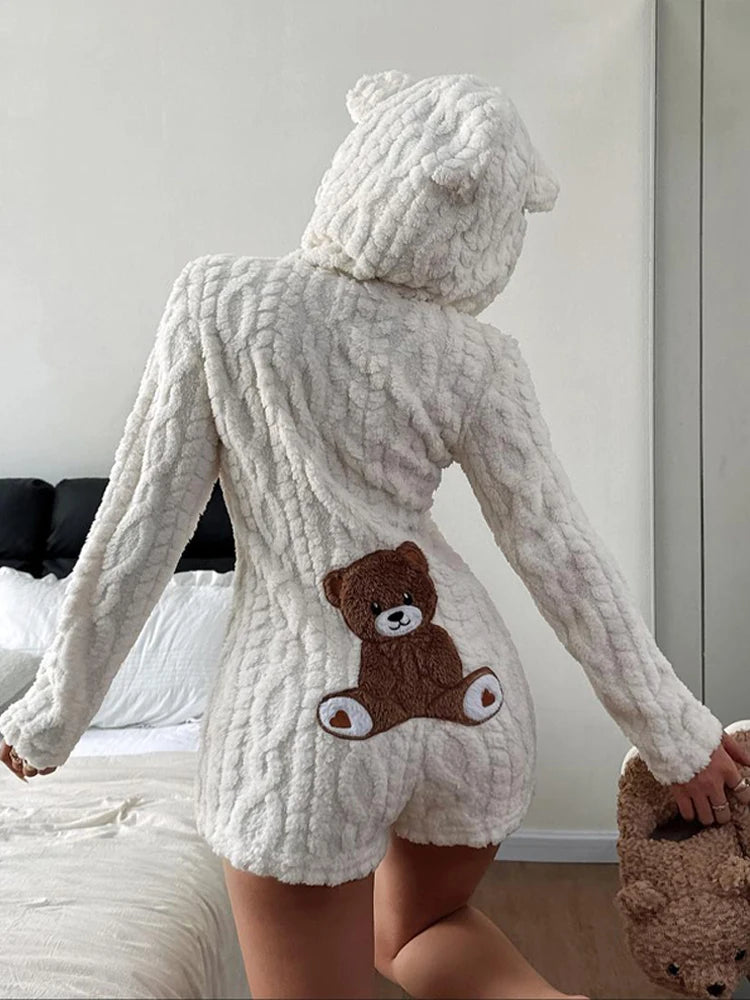 Trendy Cartoon Bear Pattern Warm Jumpsuit Shorts Women Plush Hooded Flannel Loungewear Lady New Autumn Winter Effortless Outfits