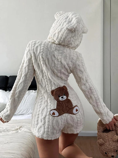 Trendy Cartoon Bear Pattern Warm Jumpsuit Shorts Women Plush Hooded Flannel Loungewear Lady New Autumn Winter Effortless Outfits