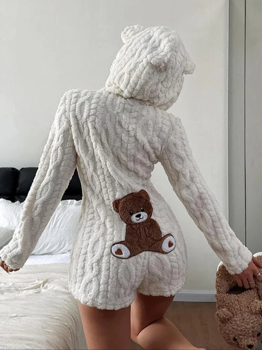 Trendy Cartoon Bear Pattern Warm Jumpsuit Shorts Women Plush Hooded Flannel Loungewear Lady New Autumn Winter Effortless Outfits