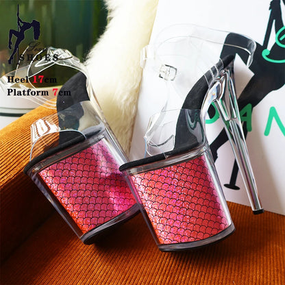 High-quality 17CM/7inches Women Sandals Stripper High Heel Shoes Transparent Platform Glitter Stiletto Pole Dance Shoes Wedding