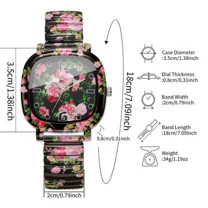 Flowers Printed Square Quartz Watch Women Casual Black Elastic Stretch Strap Ladies Wristwatch Relogio Feminino (Without Box)