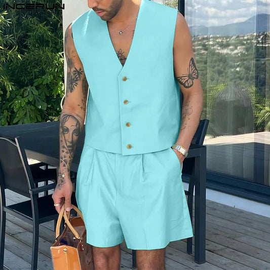 INCERUN Men Sets Solid Color V Neck Sleeveless Crop Vests & Shorts Two Pieces Sets Streetwear 2024 Fashion Men's Casual Suits