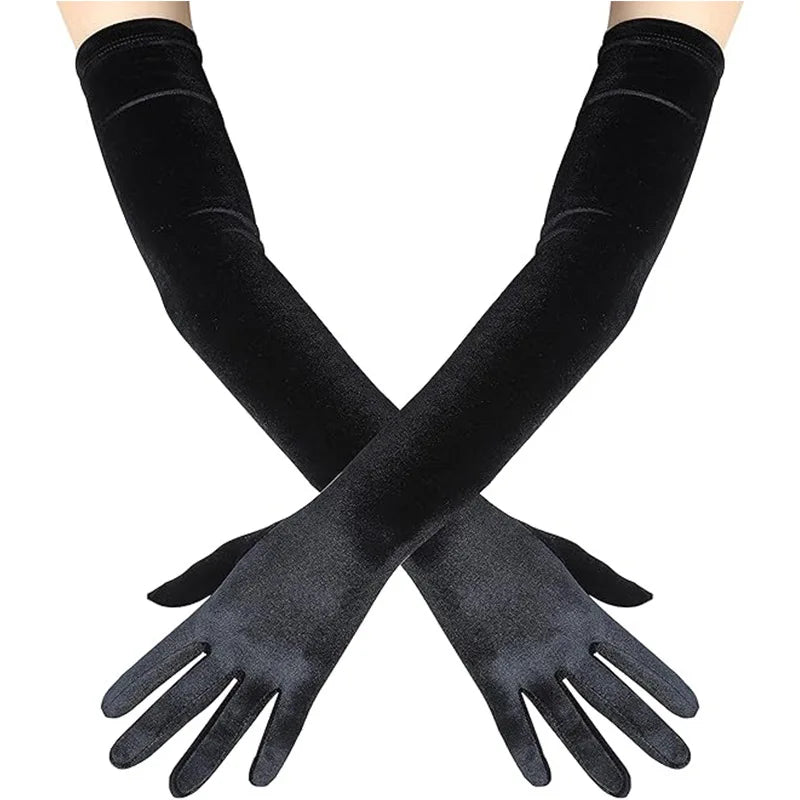 53cm Women Velvet Long Warm Evening Dress Elegant Etiquette Black Elasticity Gloves Retro Style Banquet Party Accessories