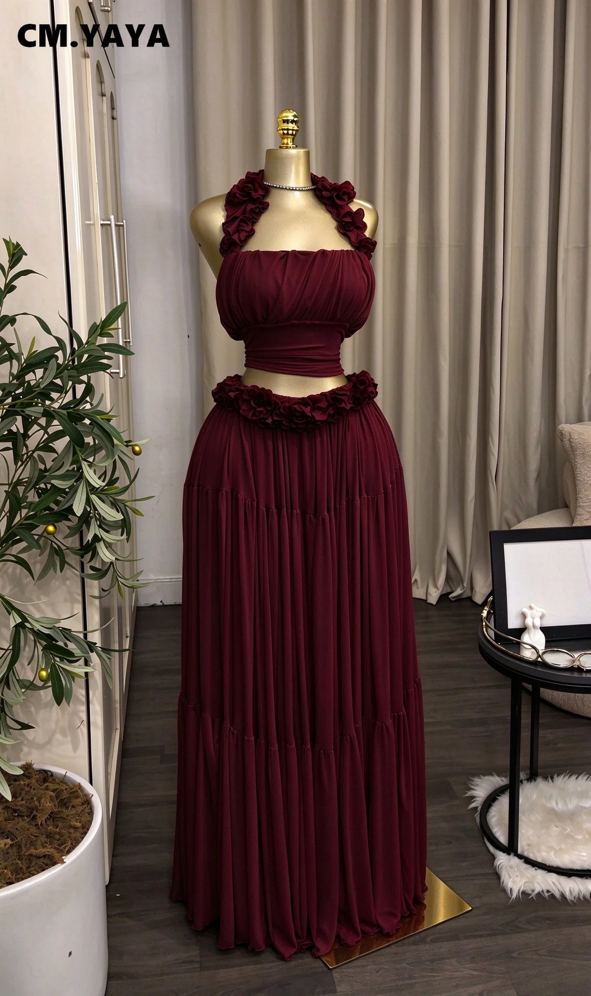CM.YAYA Women sets Halter Ruffle 2 Piece Outfit Ruched Crop Top + Tiered Maxi Skirt Set evening vacation Formal Party Dress