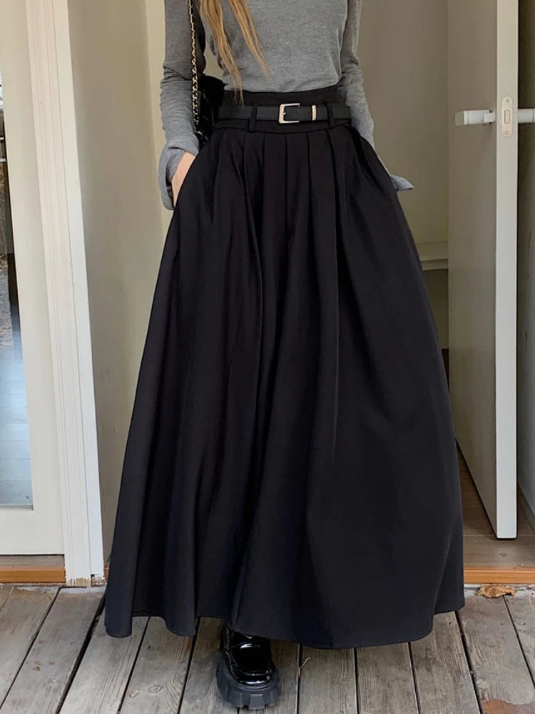 Qiukichonson Grey Midi Long Skirts Womens Maxi Skirt 2023 Autumn Winter Suit Skirt Goth Lolita High Waist Ruffle Pleated Skirts