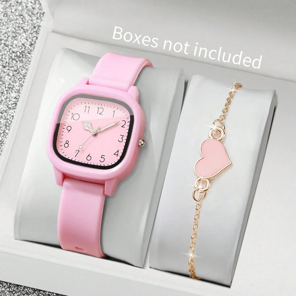 2PCS/Set Square Dial Women Quartz Watch Silicone Strap Quartz Movement Women Watch Heart Bracelet Arabic Dial Watch Women Girl