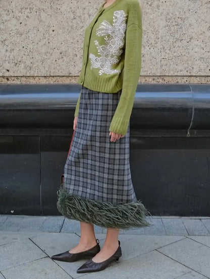 Womens Argyle Knit Sweater 2 Piece Outfit Plaid Midi Skirt With Faux Fur Hem Trim 2026 Autumn Winter Elegant Street Fashion Wear