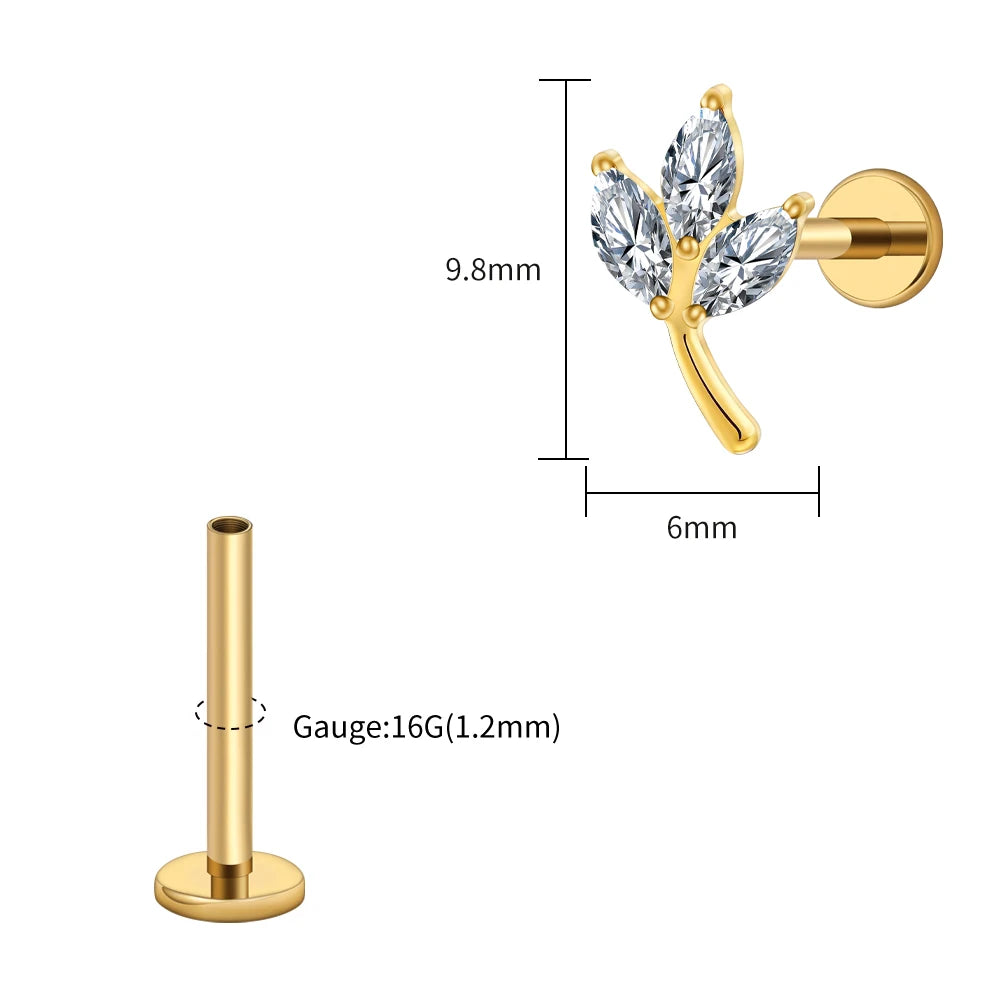Right Grand ASTM F136 Titanium Triple Marquise CZ Cartilage Earring 16G Dainty Leaf Helix Tragus Stud Ear Piercing Jewelry