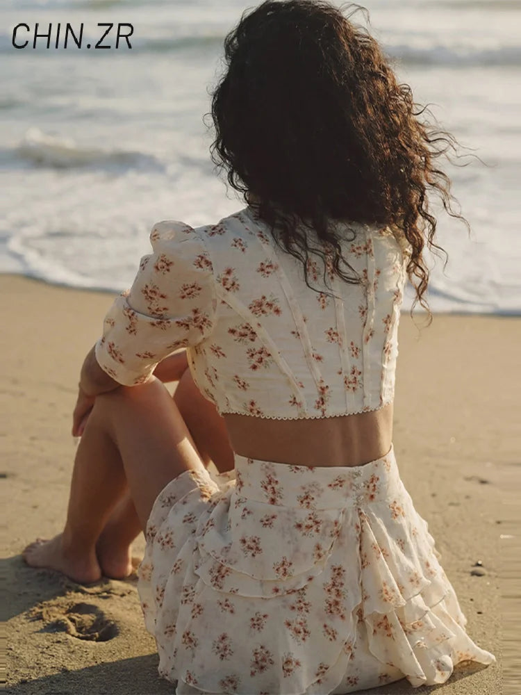 Elegant Printed Cropped Shirts Chiffon Skirt Sets Women Pleated Puff Sleeve Tops Ruffles Mini Skirts 2026 Summer Holiday Suit