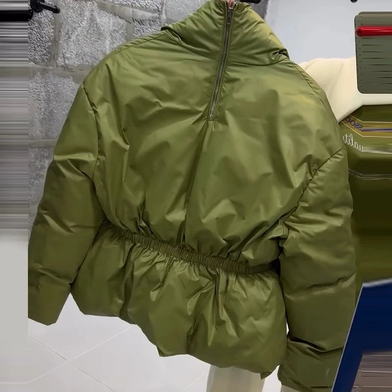 Women Stand Collar Puffer Jacket Waist Cinched Zipper Long Sleeve Warm Padded Coat 2026 Winter Commuter Lady Quilted Outerwear