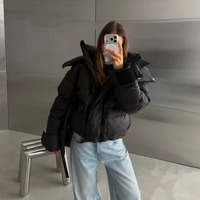 Casual Women's Puffy Hooded Cotton Coat Loose Long Sleeve Pockets Zipper Padded Coats 2026 Winter Lady Drawstring Warm Jackets