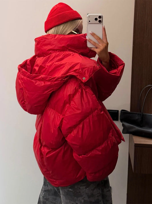 Women Bright Red Hooded Puffer Jacket Oversized Collar Horizontal Quilted Thick Padded Cropped Coat Warm Outerwear Winter Coats