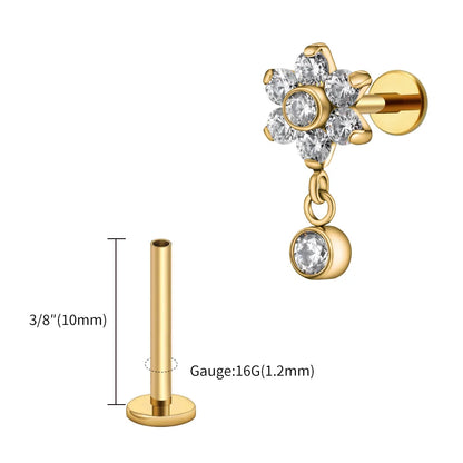 Right Grand ASTM F136 Titanium 16G Flower CZ Drop Dangle Flat Earring Tragus Helix Lobe Stud Piercing Jewelry