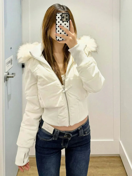 American retro pink fur collar hooded short cotton coat winter new slim all-match thick warm cotton coat