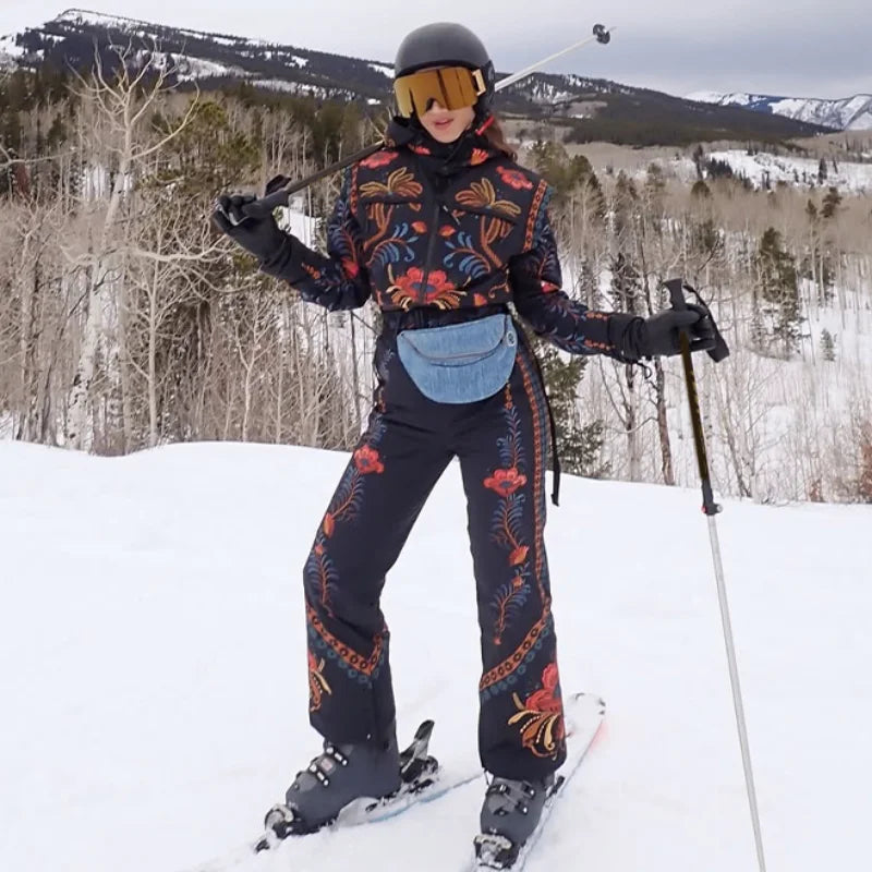 Fashion Hooded One-Piece Ski Jumpsuit Women Stand Collar Zipper High Waist Solid Windproof Outwear 2026 Winter Lady Skiwears New