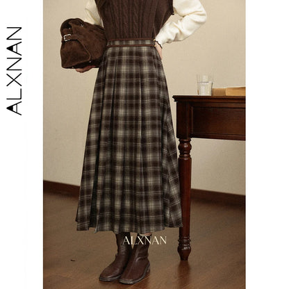 ALXNAN Women's Mid-Length Skirt 2026 Plaid Color-block Design Flared High-waisted Silhouette Slim-fit Casual A-Line Skirt L57735
