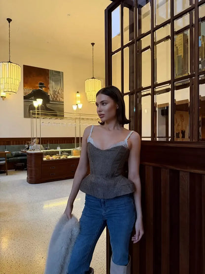 Women Spaghetti Strap Corset Top Female Panelled V-neck Sleeveless Backless Slim Fishbone Blouse 2026 Lady Party Evening Tops