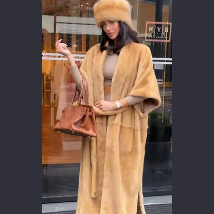 Women Faux Fur Shawl Collar Maxi Coat 3/4 Sleeve Open Front Self-Tie Belt Loose Fit Vintage Warm Jacket Luxury Ladies Outerwear