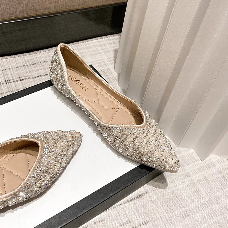 2025 Fashion Woman Ballet Flats Shoes Rhinestone Loafers Flat Pointed Toe Shoes Female Casual Slip on Flats Footwear Boat Shoes