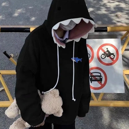 Aesthetic Long Sleeve Fleece Shark Hoodies Drawstring Top Coat Hooded Sweatshirts Casual Loose Shark Hat Sweater School Student